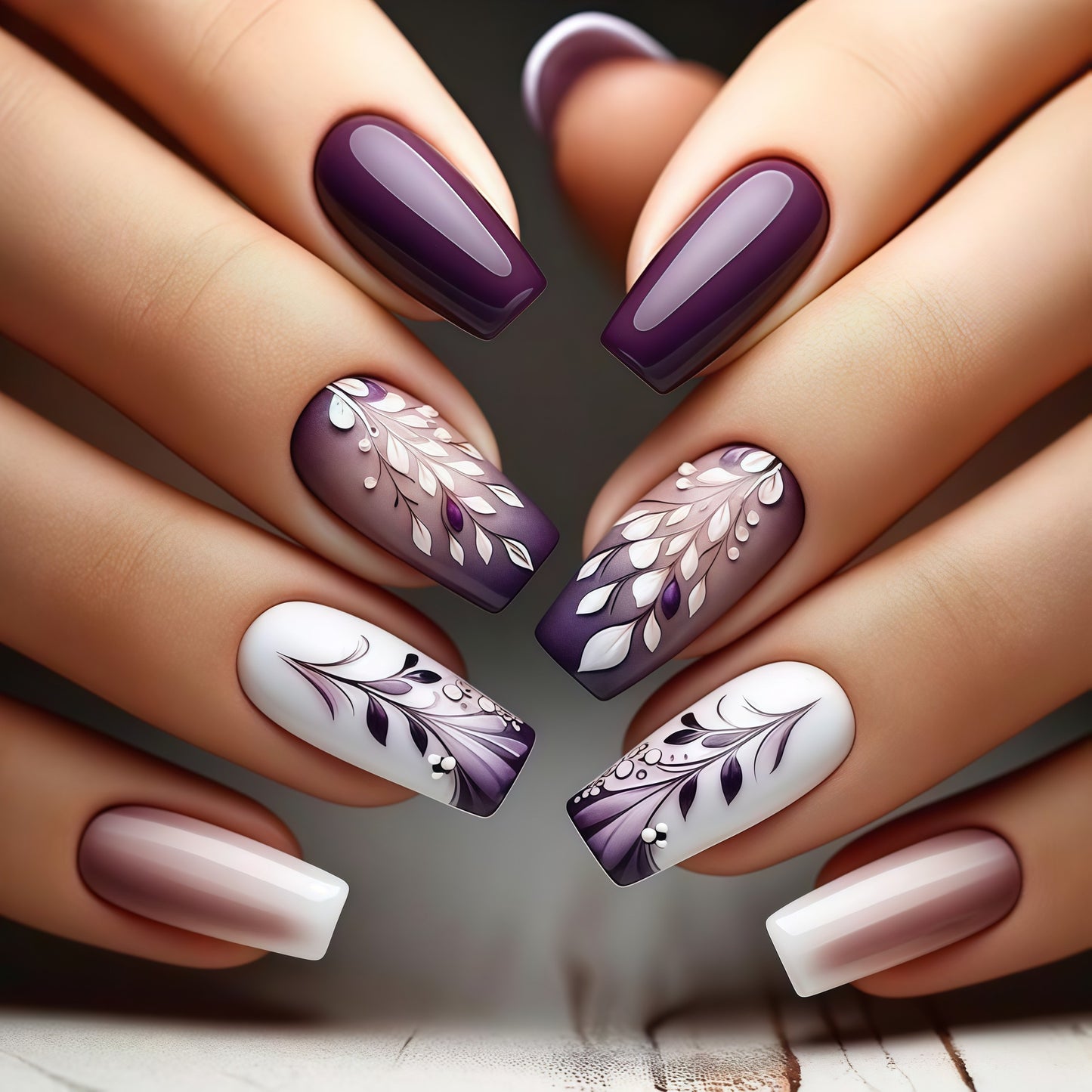 Elegant Autumn Vibes Long Square Purple Gradient Nail Set with Delicate Floral Art Details