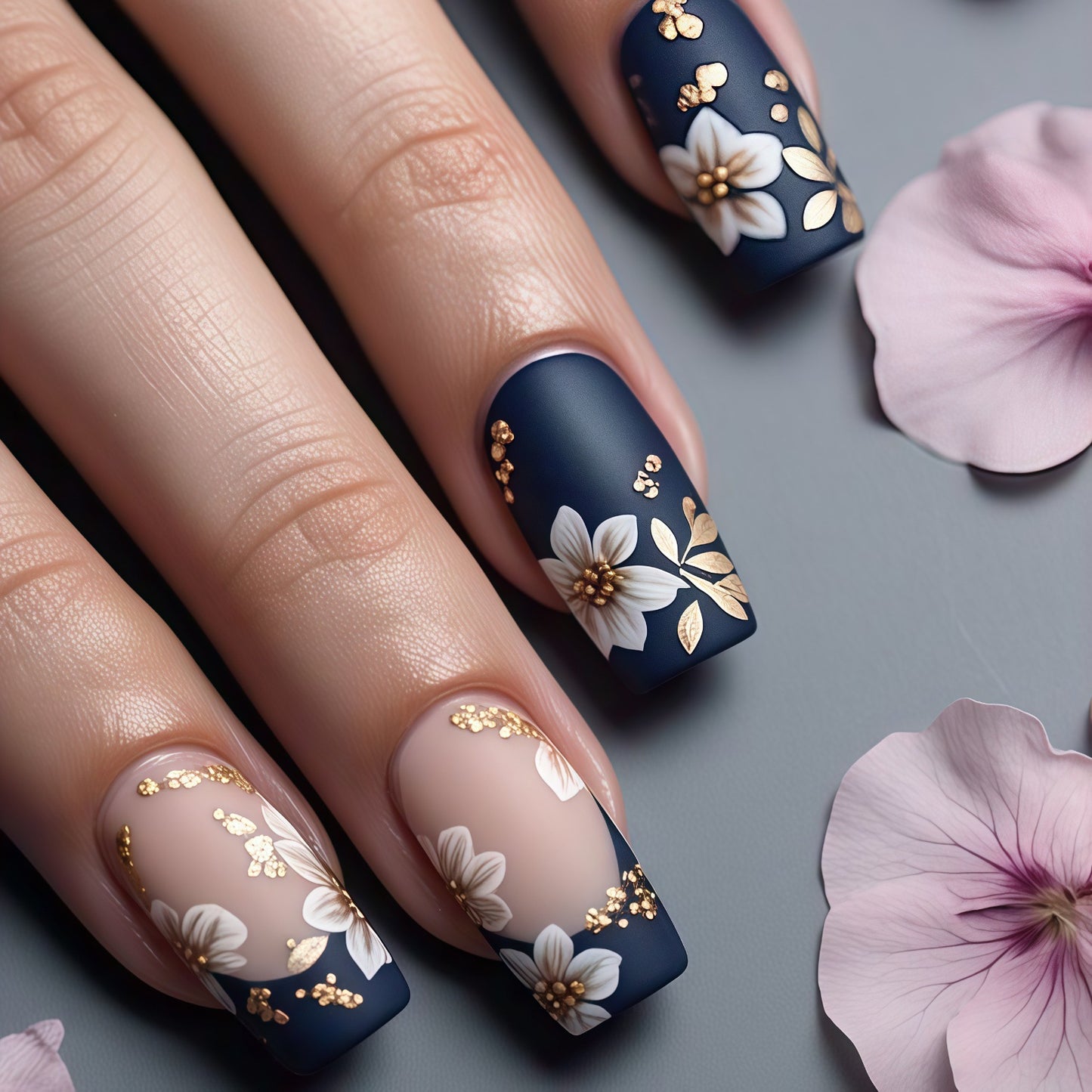 Botanical Bliss Medium Square Navy Blue Nails with Floral and Gold Accents