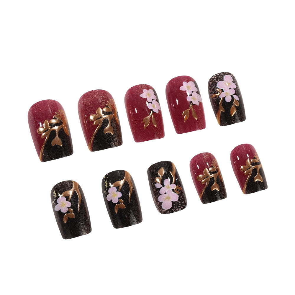 Elegant Floral Fusion Short Square Maroon and Black Press On Nail Set with Delicate Blossom Art