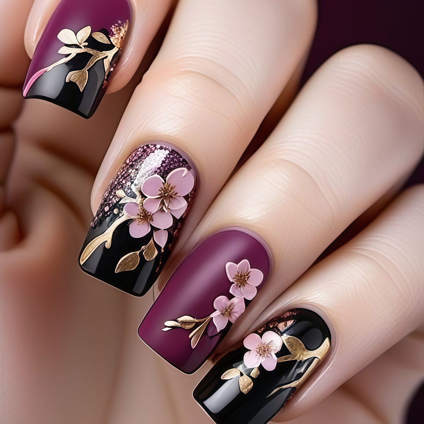 Blossom Elegance Medium Square Purple and Black Press On Nail Set with Floral Design