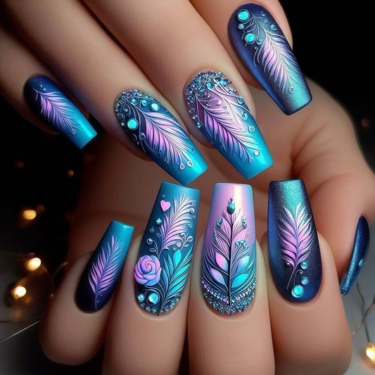 Whimsical Feather Fantasy Long Coffin Aqua and Navy Gradient With Stunning Floral and Gemstone Accents Press On Nail Set