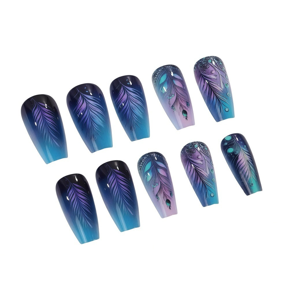 Enchanted Feather Dream Long Coffin Ombre Blue and Purple with Intricate Leaf Design Press on Nail Set