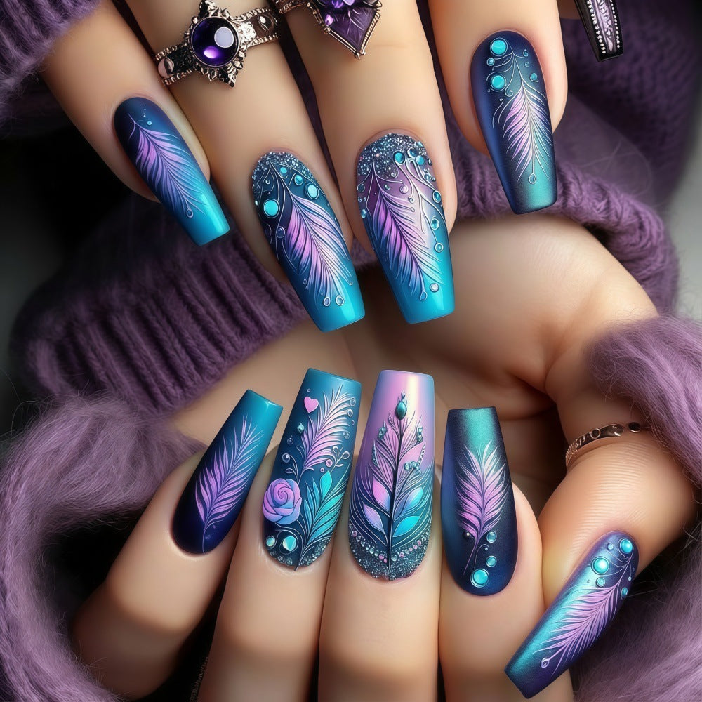 Whimsical Dreamscape Long Coffin Teal with Feather Motifs Nail Press Set