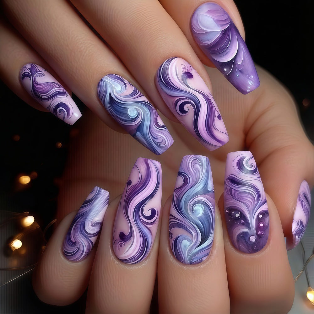 Dreamy Swirls Long Coffin Purple Ombre Gradient with Luminous Marble Finish Press On Nail Set