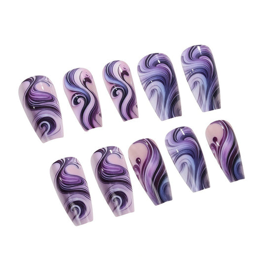 Whimsical Wonder Long Coffin Purple Swirl Press On Nail Set with Stunning Marble Design