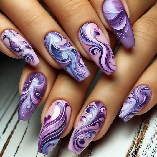 Dreamy Swirl Long Coffin Purple Gradient Nail Set with Stunning Watercolor Design