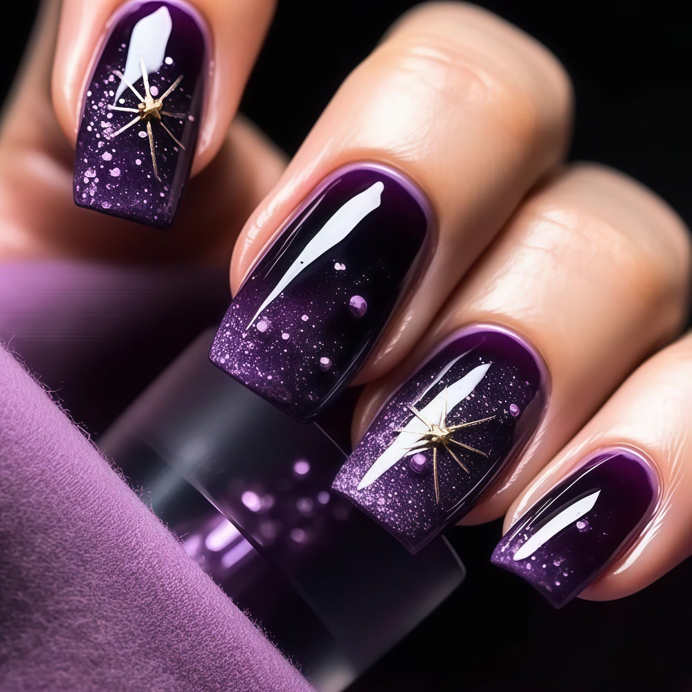 Mystical Twilight Long Square Deep Purple Nails with Starry Glitter Accent