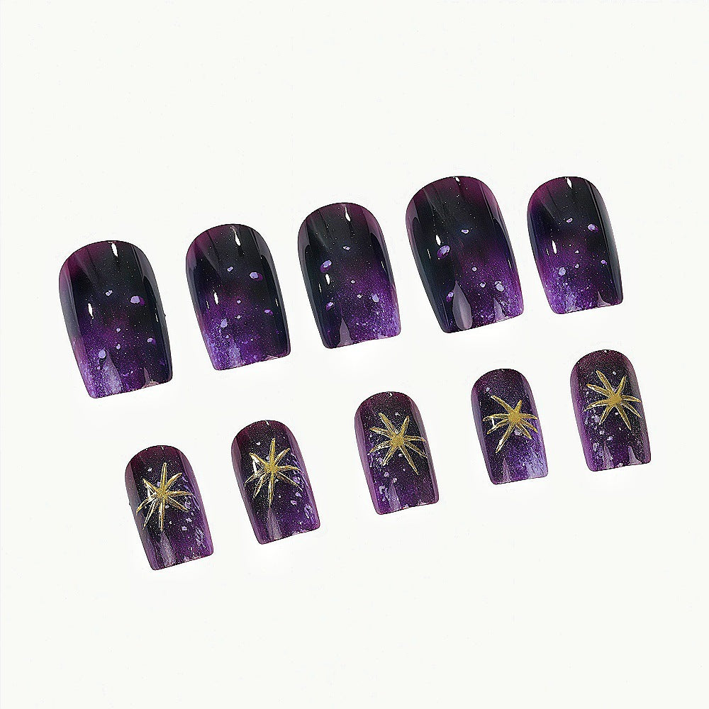 Celestial Dream Featuring Short Square Purple Gradient with Starry Accents Press On Nail Set