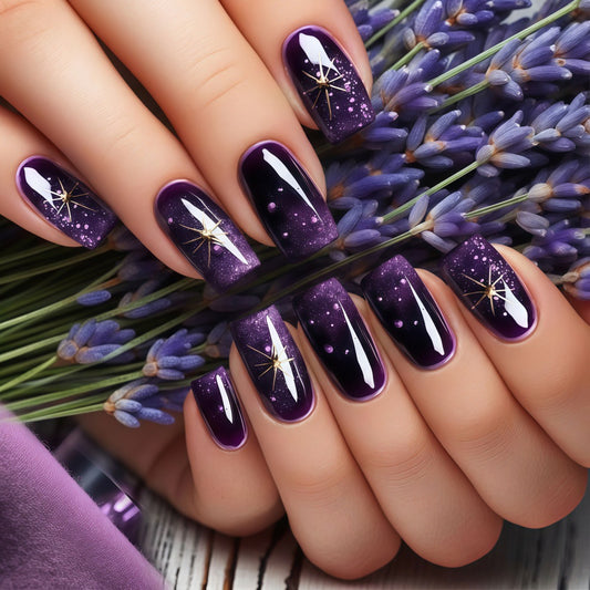 Celestial Elegance Medium Square Purple Ombre with Star Accents Press On Nail Set