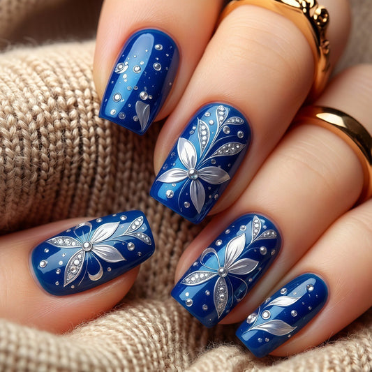 Enchanting Floral Fantasy Long Square Blue Press On Nail Set with Elegant Silver Accents and Jewel Embellishments