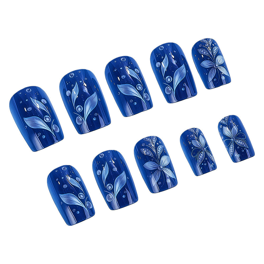 Underwater Serenity Press On Nail Set Long Square Blue with Floral and Water Droplet Design