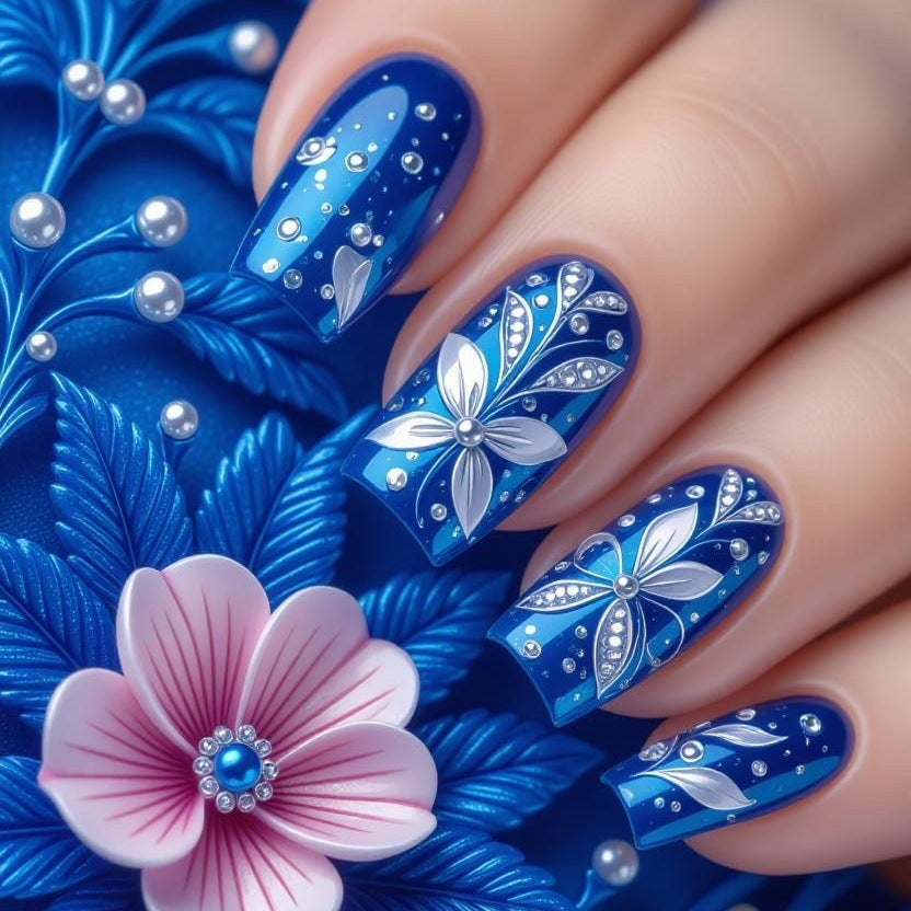 Whimsical Ocean Dreams Long Square Royal Blue Floral Press on Nail Set with Dazzling Gems
