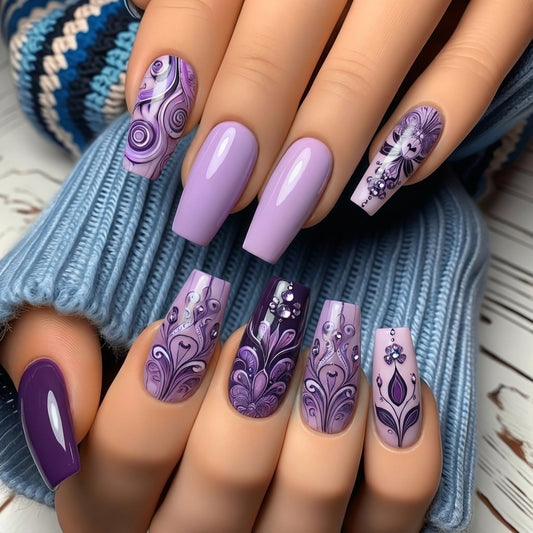 Lavender Dream Long Square Press-On Nails with Intricate Floral and Gemstone Design