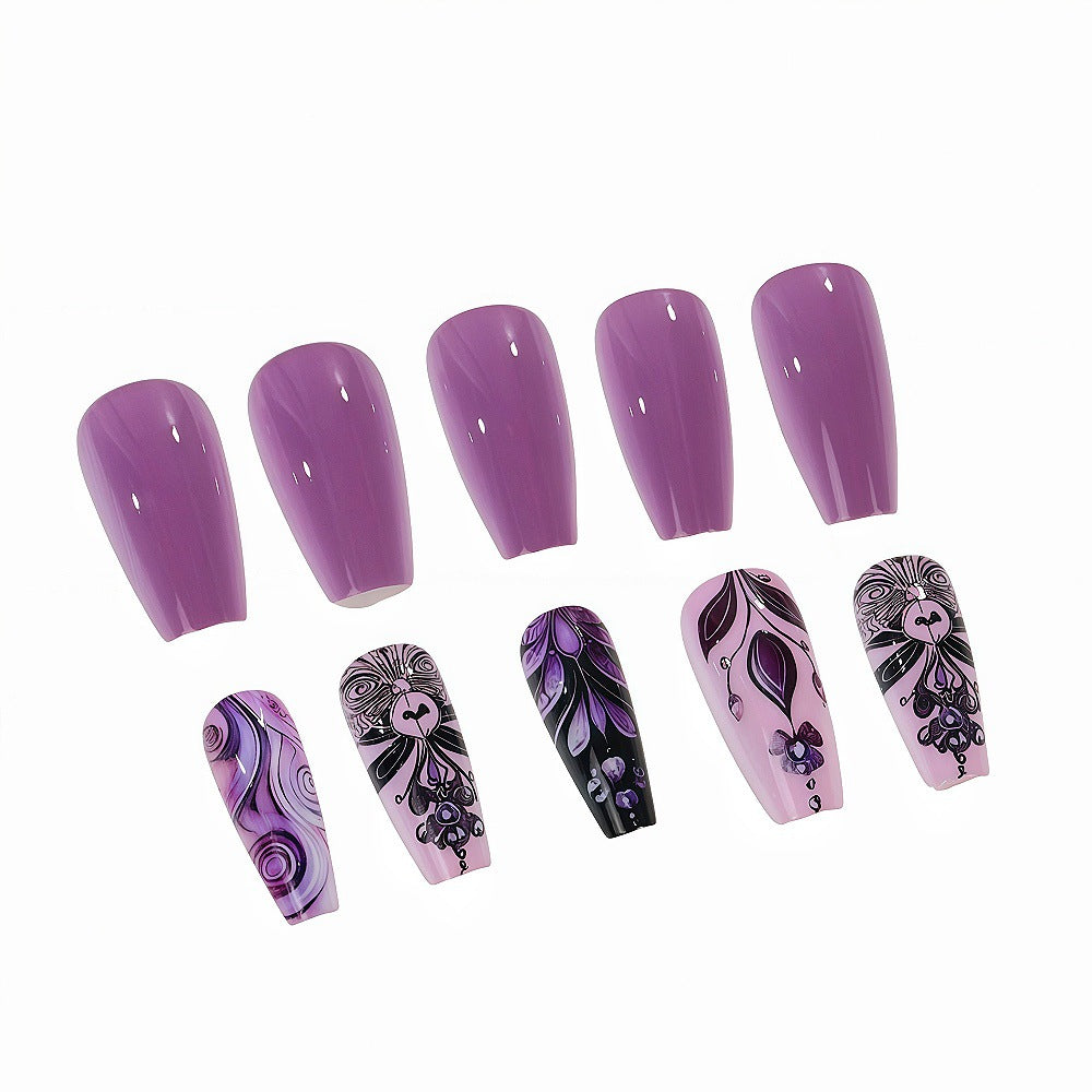 Whimsical Lavender Long Coffin Shaped Press On Nail Set with Unique Floral Designs