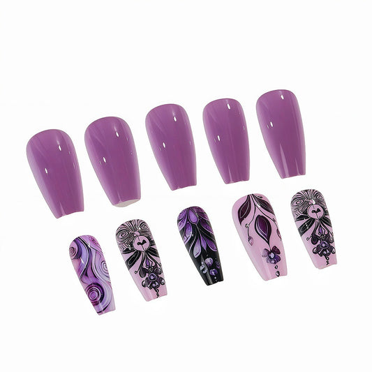 Whimsical Lavender Long Coffin Shaped Press On Nail Set with Unique Floral Designs