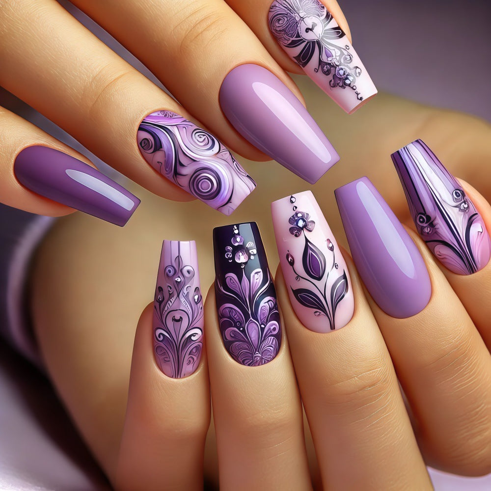 Enchanting Floral Fantasy Press On Nail Set Long Coffin Shape Soft Lavender and Bold Purple with Intricate Designs and Sparkling Accents