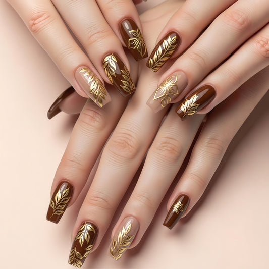 Chic Autumn Vibes Long Coffin Brown Press-On Nail Set with Elegant Gold Leaf Designs