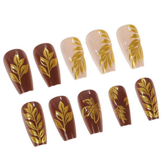 Boho Chic Irregular Long Coffin Brown and Beige Press on Nail Set with Golden Leaf Design