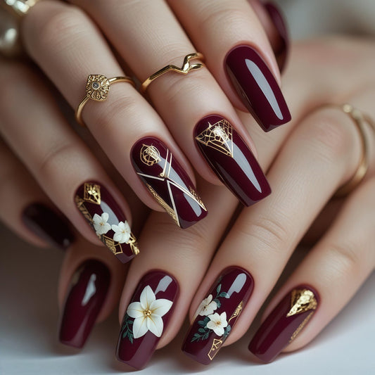Elegant Garden Escape Long Square Burgundy Press-On Nail Set with Floral Gold Accents