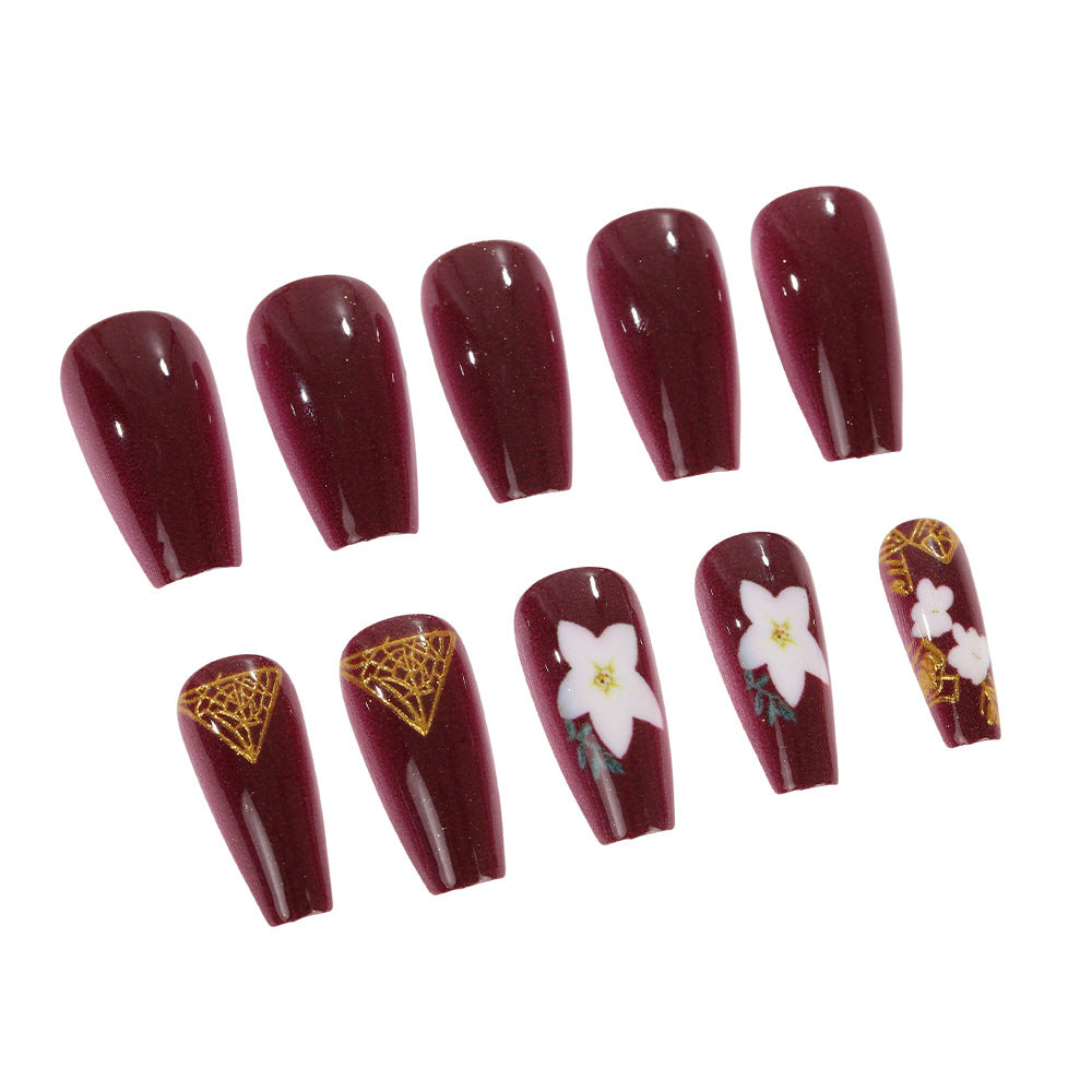 Gothic Elegance Medium Coffin Burgundy Press On Nail Set Featuring Intricate Floral and Web Designs