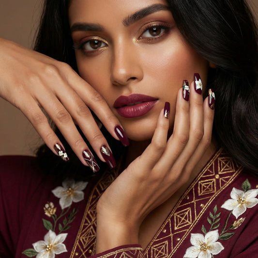 Enchanting Elegance Long Coffin Burgundy Nails with Intricate Floral Accents