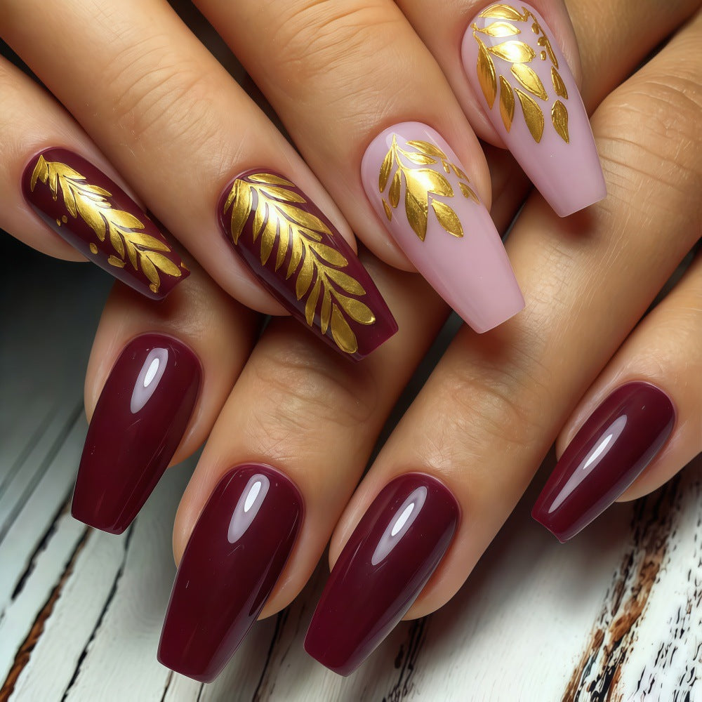 Elegant Garden Themed Long Coffin Burgundy and Pink Nails with Gold Leaf Design