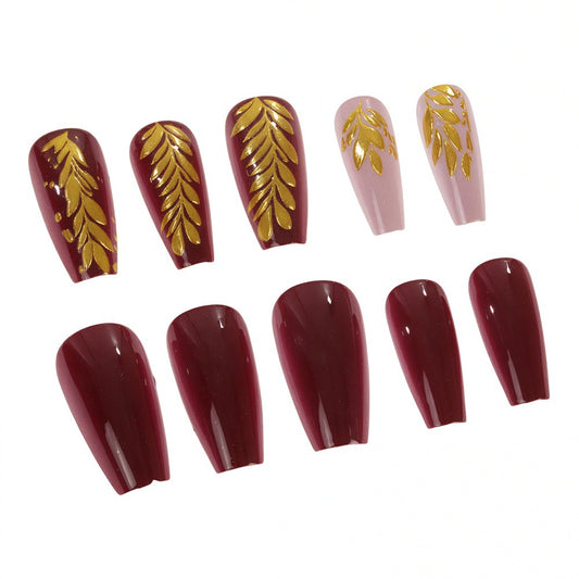 Gilded Autumn Elegance Press on Nail Set Long Coffin Shape Deep Red and Light Pink with Intricate Golden Leaf Design