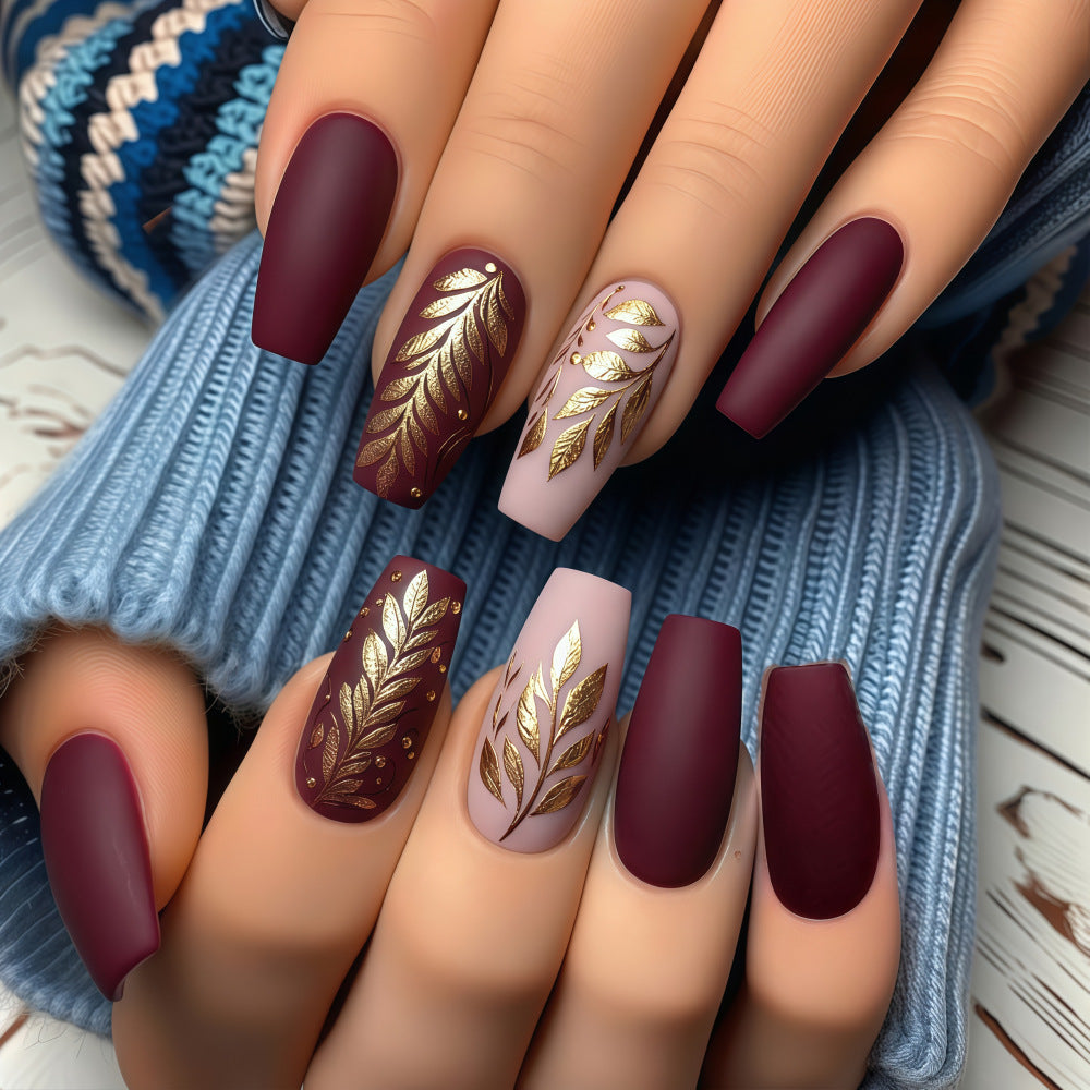 Autumn Elegance Long Square Burgundy and Soft Pink Press-On Nail Set with Gold Leaf Design