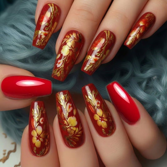 Enchanting Floral Fantasy Long Coffin Red Press-On Nail Set with Gold Accents