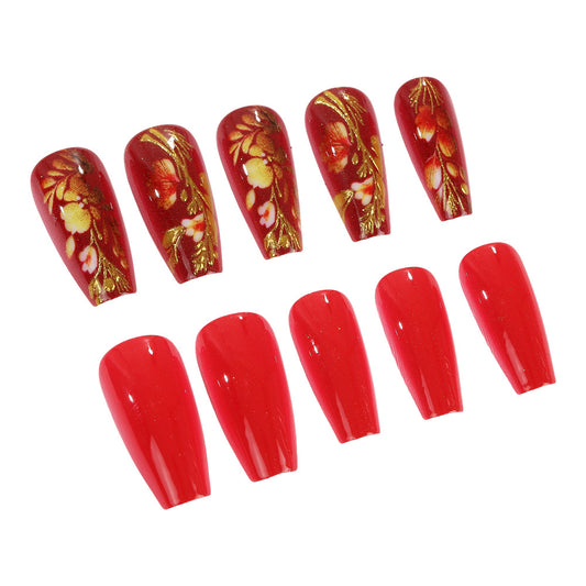 Enchanted Floral Fantasy Long Coffin Red Nails with Glittering Gold Accents