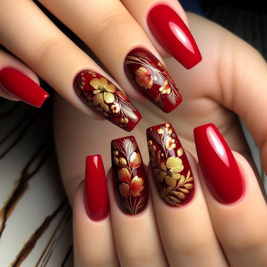 Enchanted Garden Glossy Long Coffin Red Press On Nail Set with Elegant Floral Gold Accents