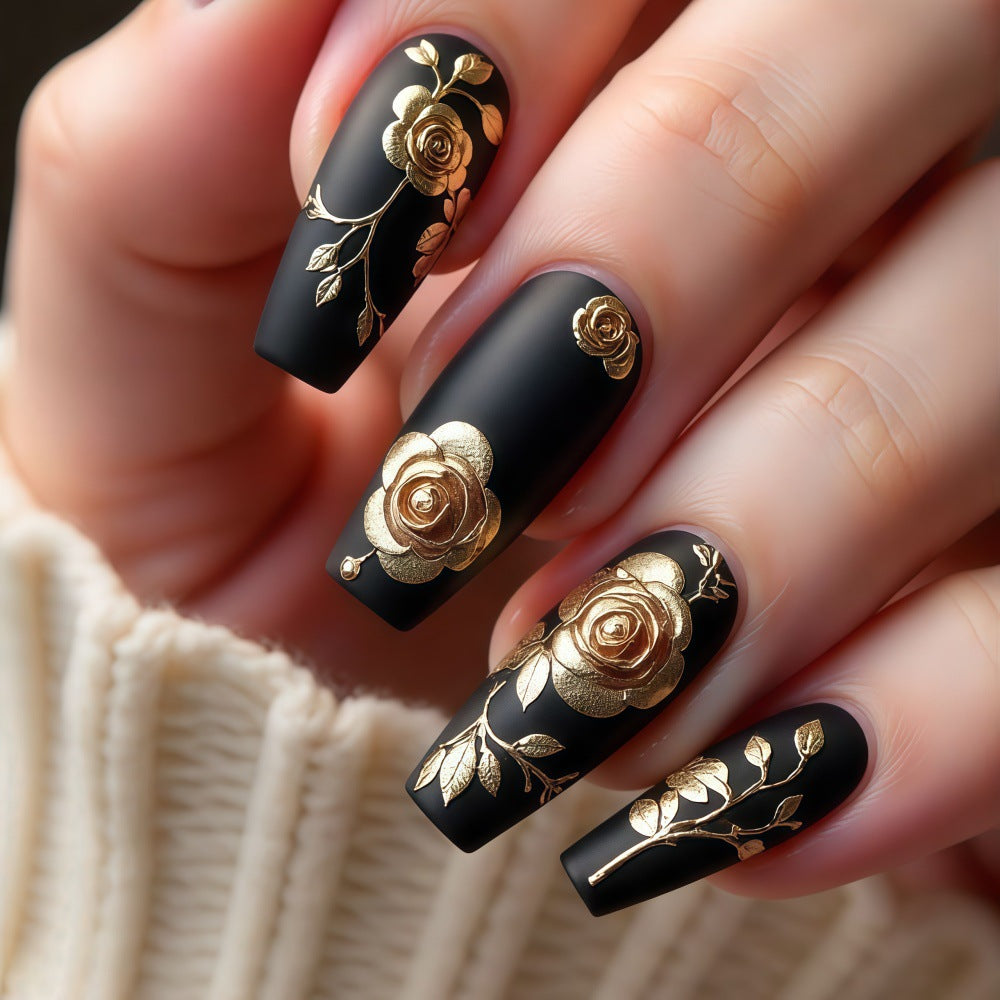 Elegant Noir Floral Long Square Black and Gold Embellished Press On Nail Set