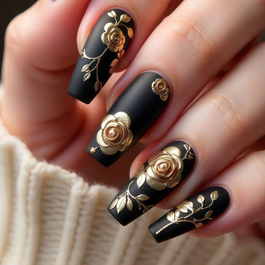 Elegant Noir Floral Long Square Black and Gold Embellished Press On Nail Set