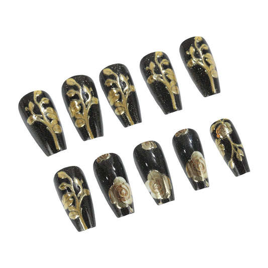Enchanted Garden Long Coffin Black with Gold Floral Detail Press On Nail Set