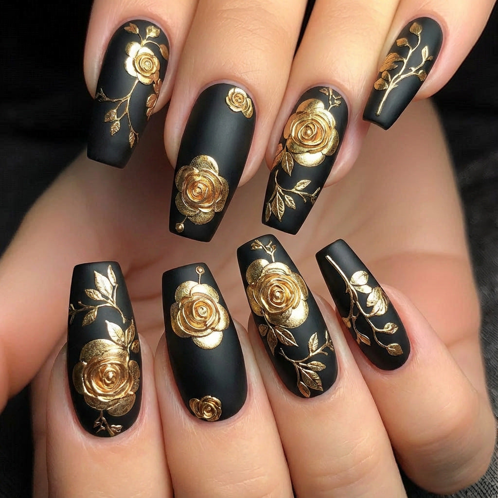 Enchanted Garden Long Coffin Black with Golden Floral Embellishments Press on Nail Set