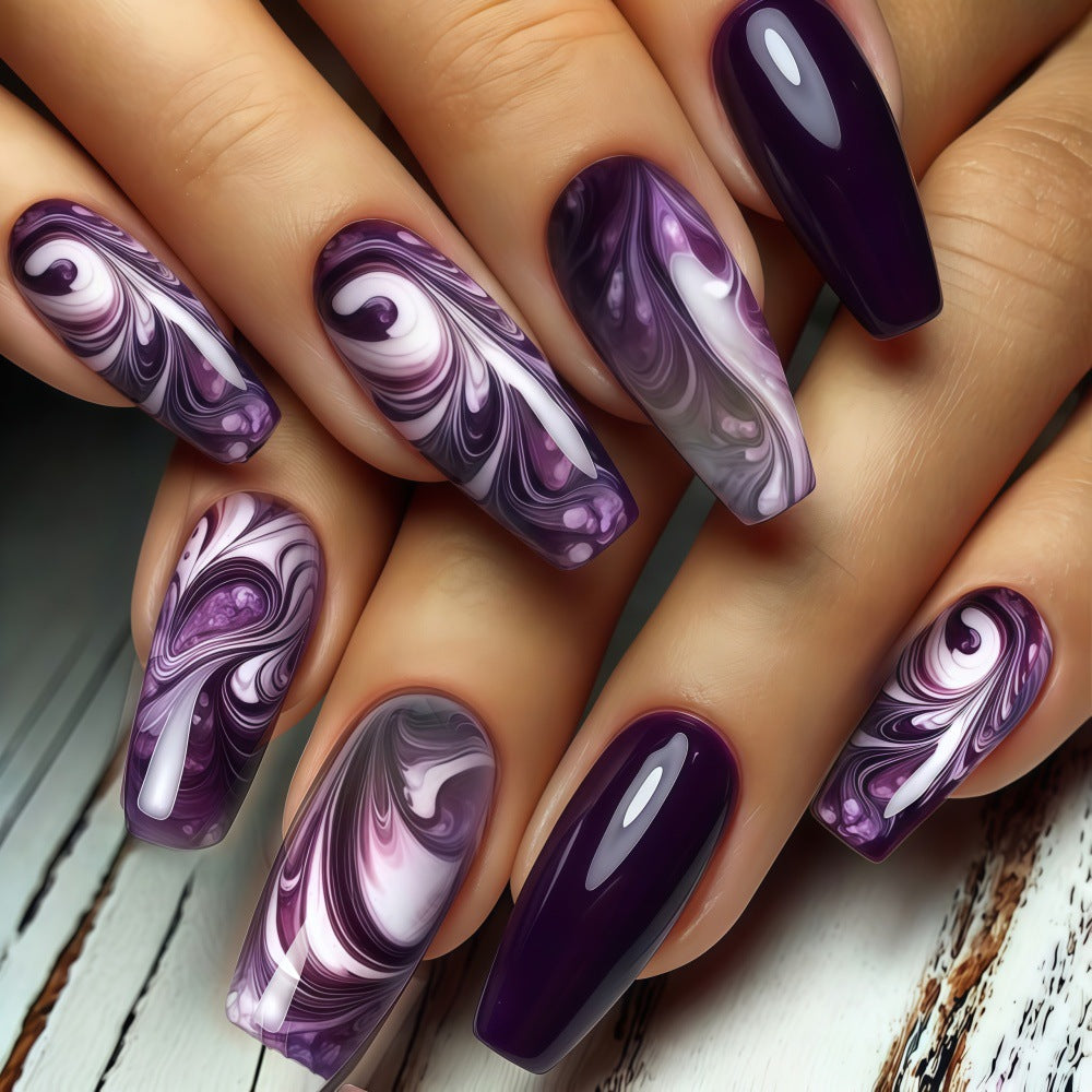 Whimsical Elegance Long Coffin Deep Purple with Swirl Design Press On Nail Set