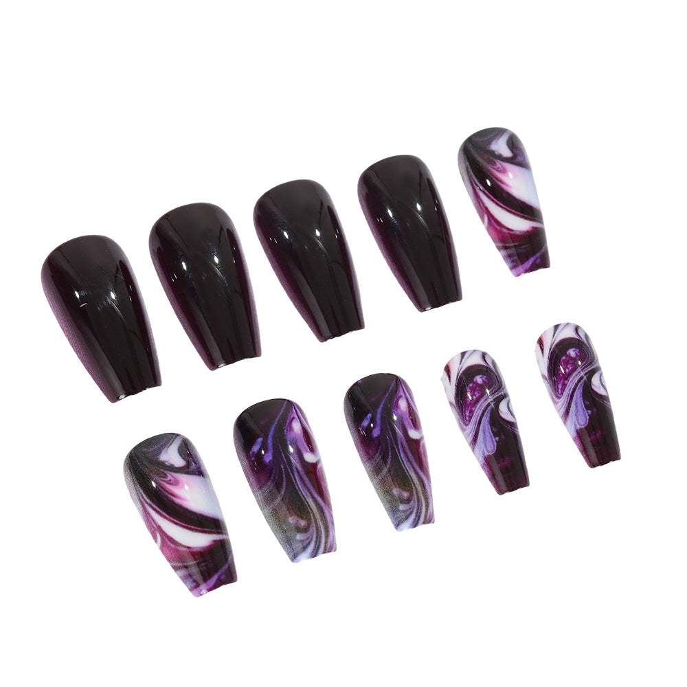 Mystical Elegance Long Coffin Dark Purple with Swirling Marble Accents Press On Nail Set