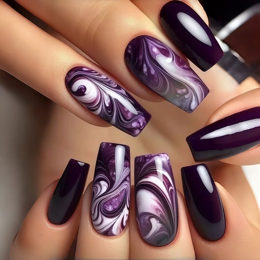 Elegant Twilight Glamour Long Coffin Purple Swirl Press-On Nail Set with High Gloss Finish