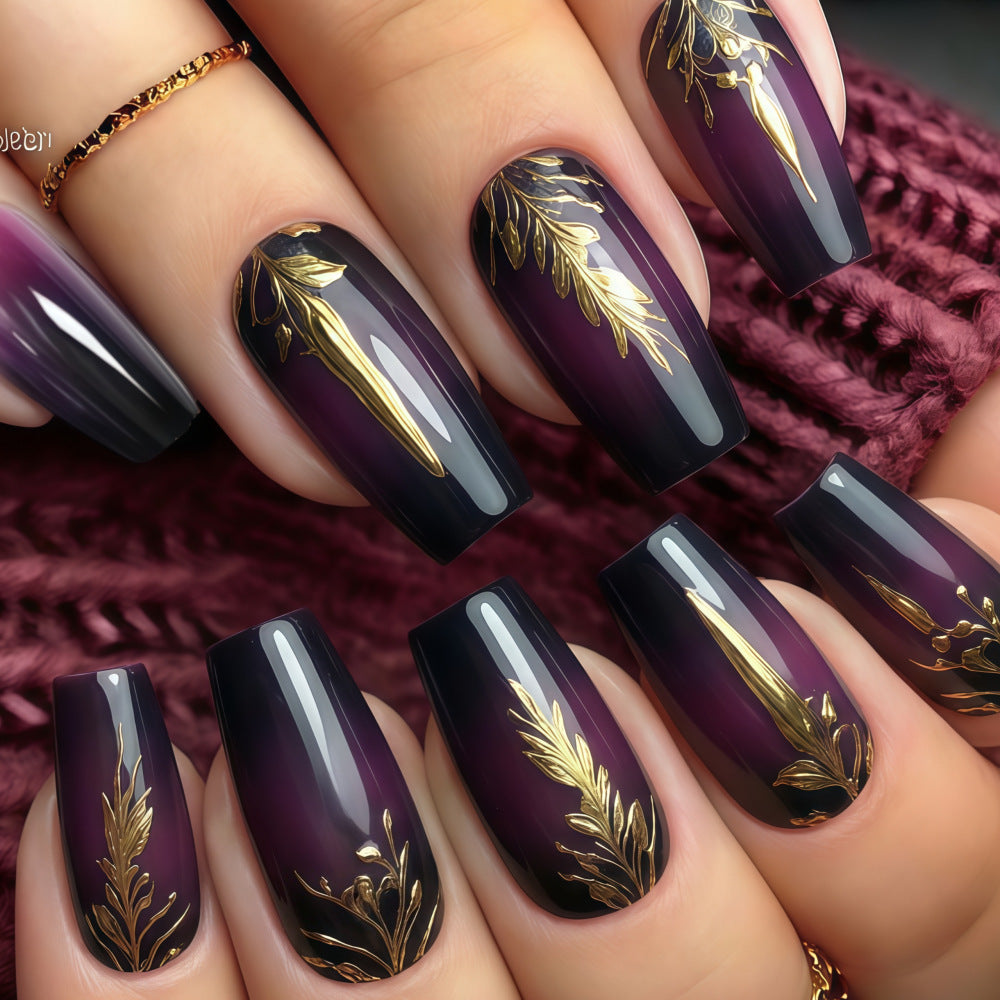 Elegant Oasis Long Square Deep Purple with Gold Floral Art Press On Nail Set