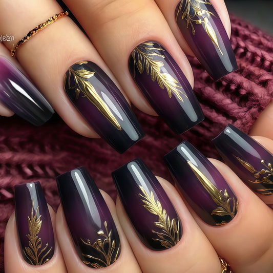 Elegant Oasis Long Square Deep Purple with Gold Floral Art Press On Nail Set