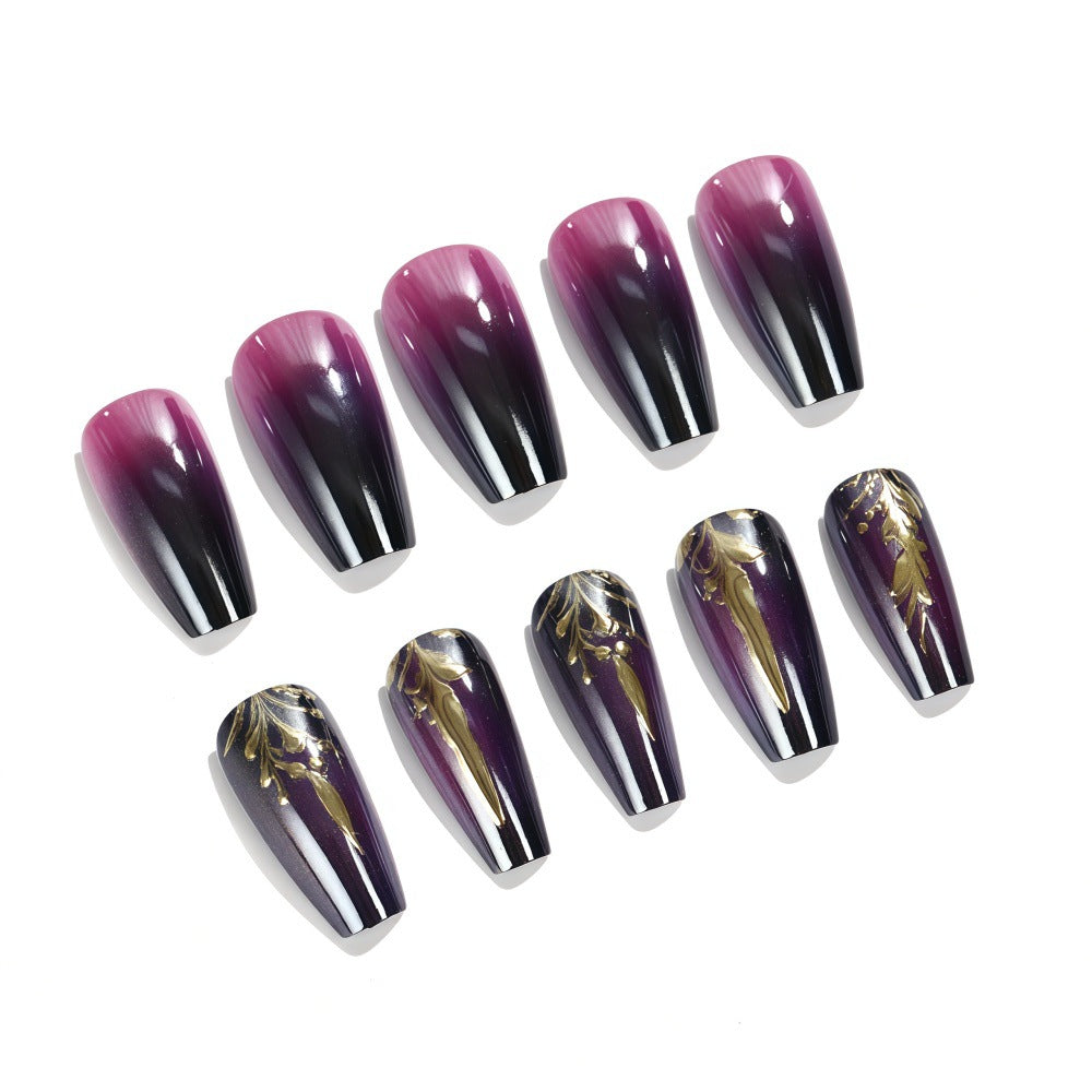 Enchanted Twilight Long Coffin Ombre Purple with Elegant Gold Accents Press On Nail Set