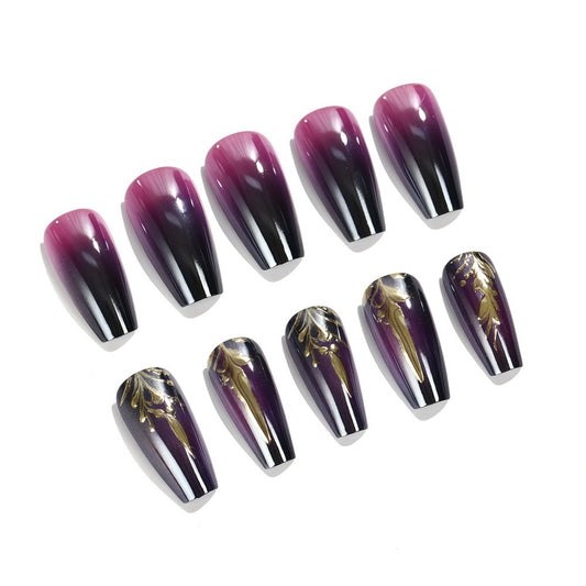 Enchanted Twilight Long Coffin Ombre Purple with Elegant Gold Accents Press On Nail Set