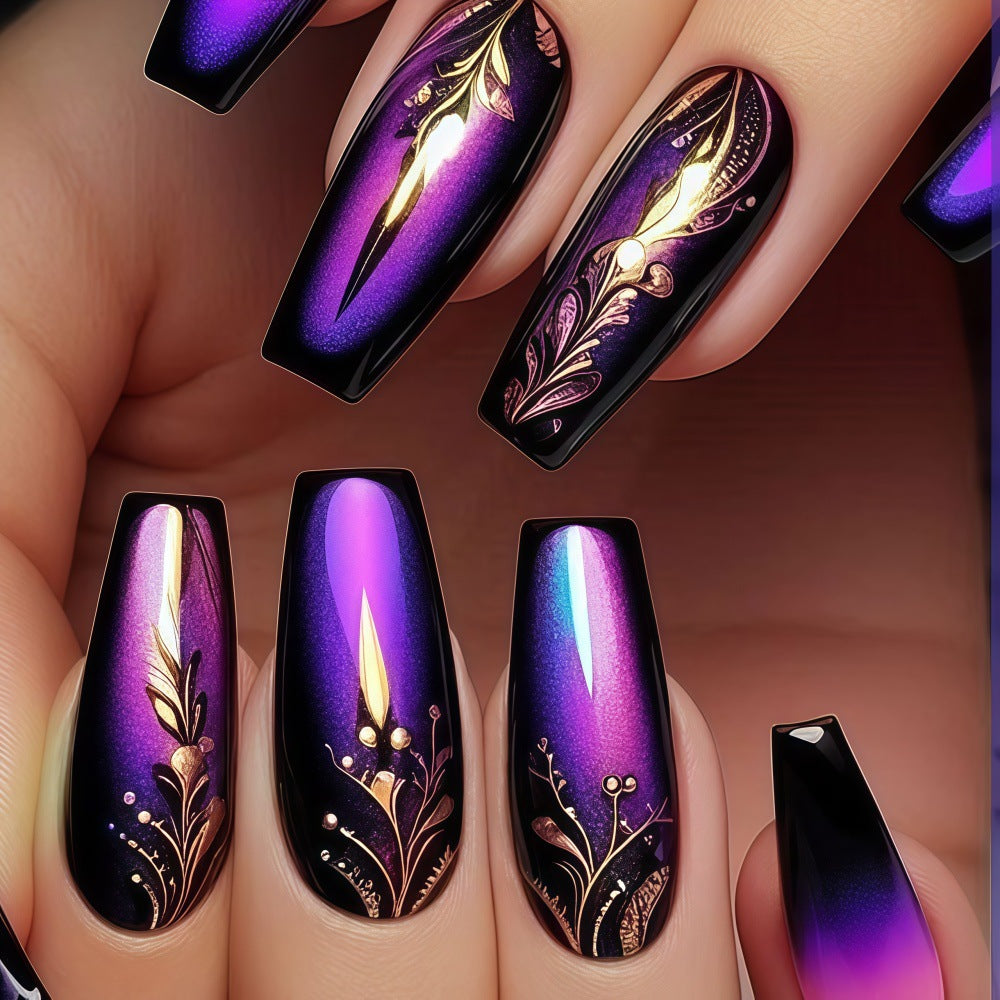 Mystical Garden Long Coffin Purple Ombre Design with Elegant Gold Accents Nail Set