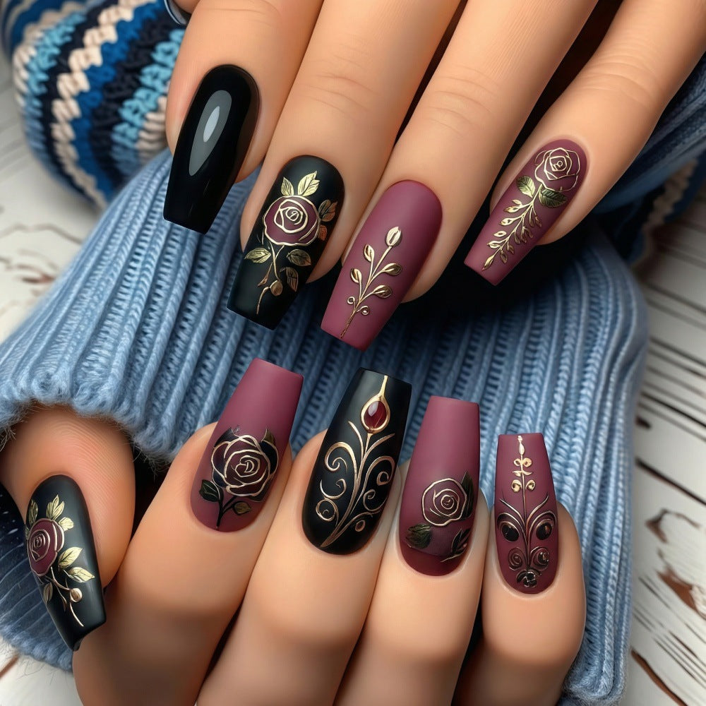 Elegant Romance Long Square Matte Black and Burgundy Floral Press On Nail Set with Golden Accents