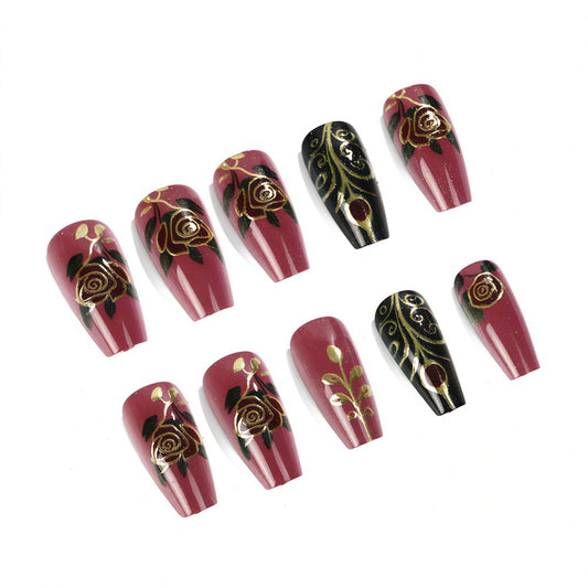 Romantic Elegance Long Coffin Burgundy and Black Press-On Nail Set with Gold Floral Designs
