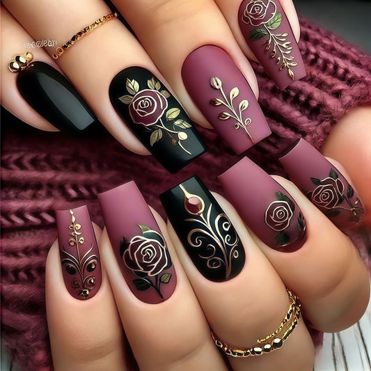 Romantic Garden Velvet Matte Long Square Press On Nail Set in Deep Burgundy and Bold Black Featuring Elegant Floral Gold Accents