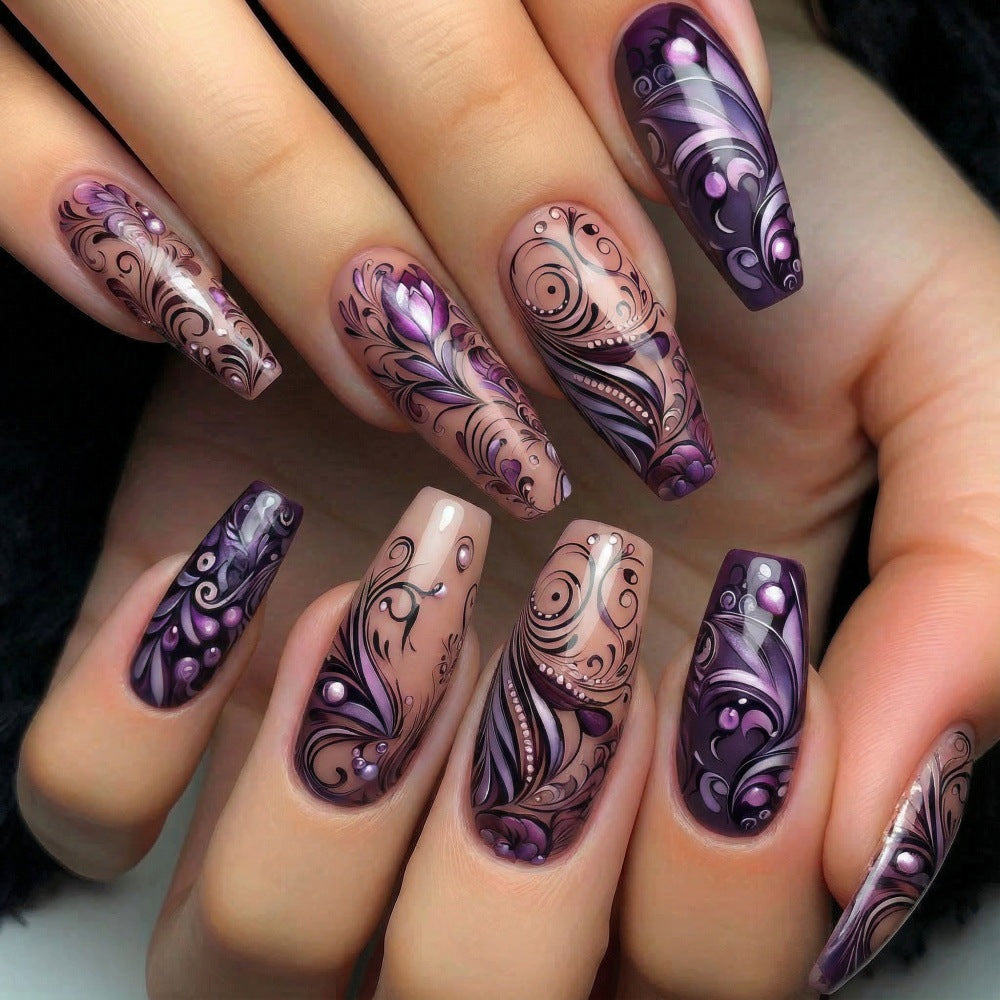 Enchanting Floral Fantasy Long Coffin Purple and Pink Press On Nail Set with Intricate Designs