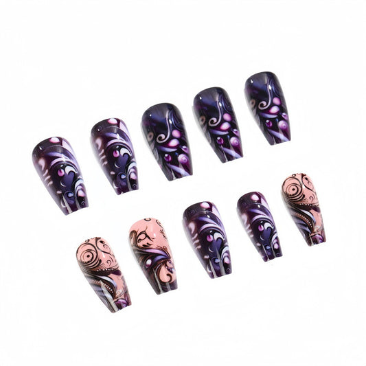 Mystical Elegance Long Coffin Shape Dark Purple and Pink Swirl Design Press On Nail Set
