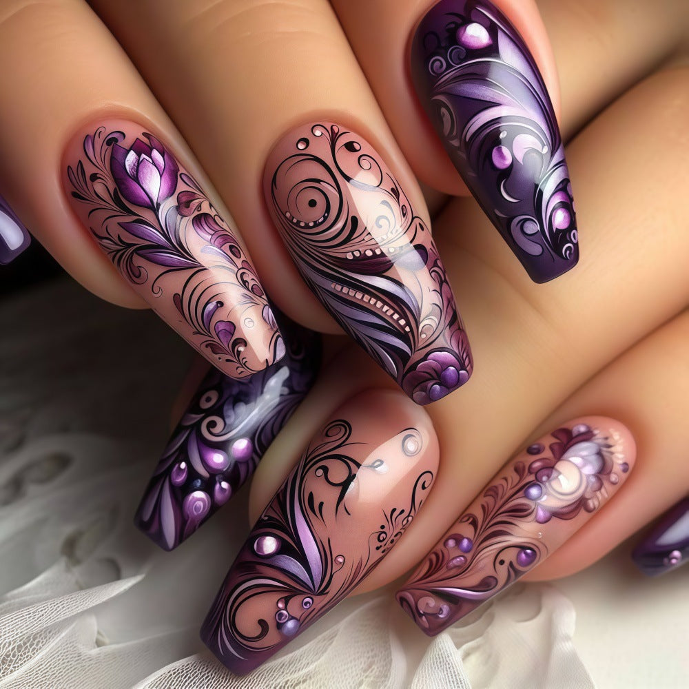 Mystical Elegance Long Coffin Purple Ombre Nails with Intricate Floral Designs