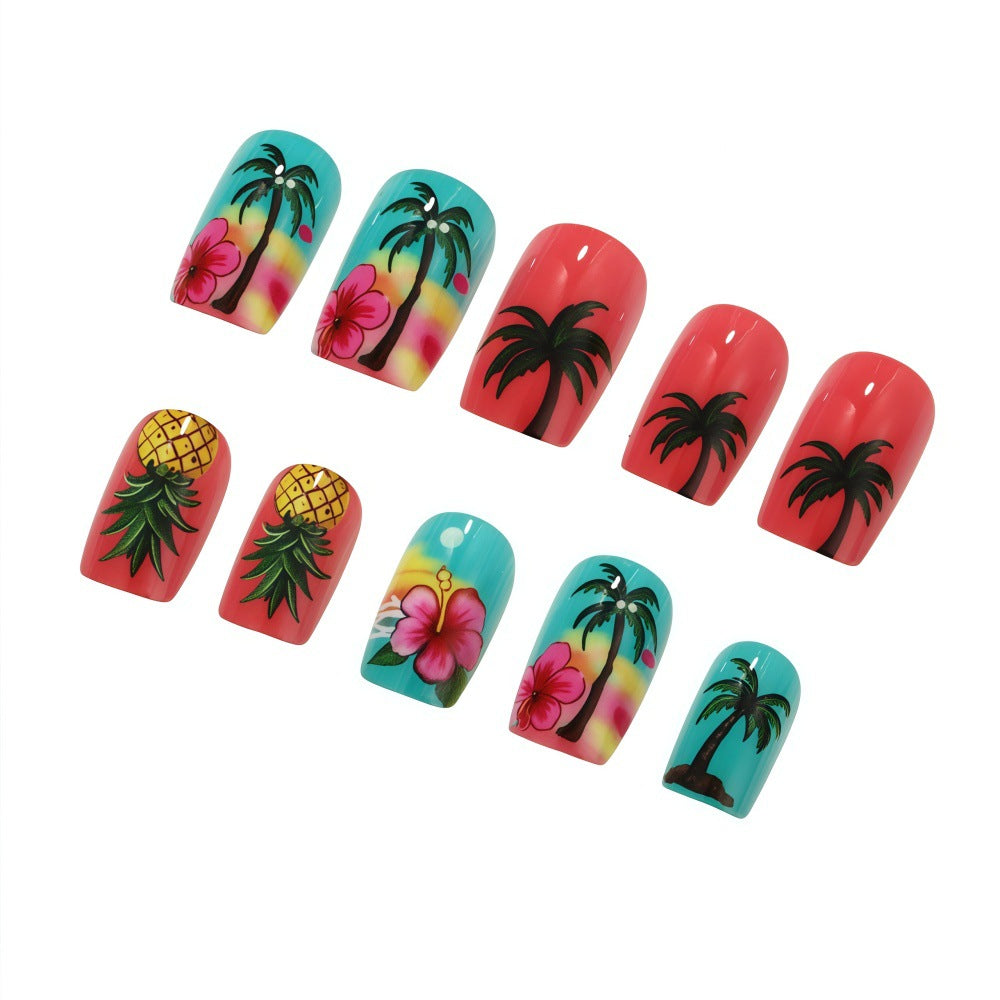 Tropical Paradise Short Square Bright Colors with Pineapple and Palm Tree Designs Press On Nail Set